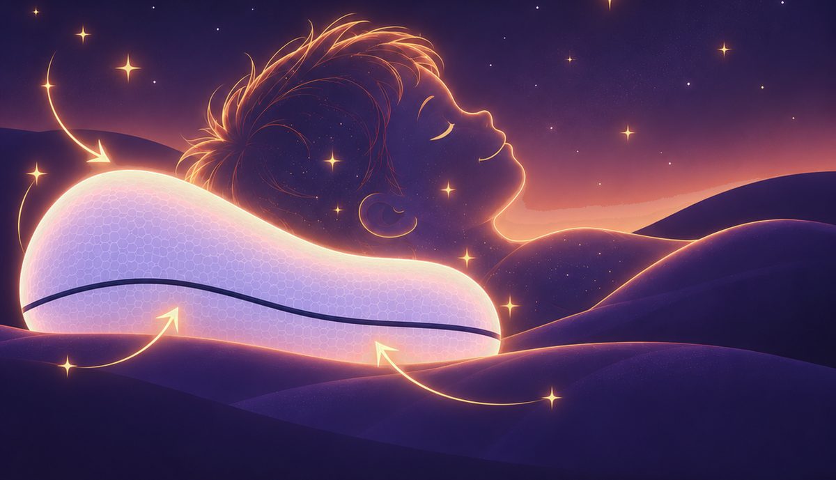 Illustration : un enfant dort paisiblement de profil, la tête posée sur l’oreiller Alula, sous un ciel étoilé.