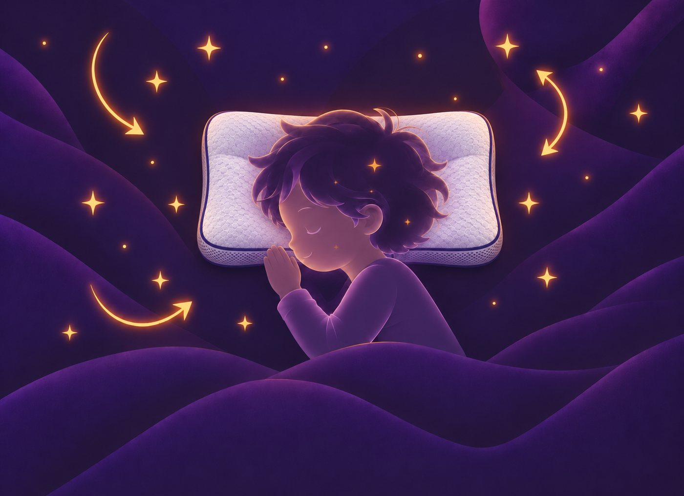 Illustration : un jeune enfant dort paisiblement sur le côté, les mains jointes sous la joue, sur son oreiller Alula, sous un ciel étoilé.
