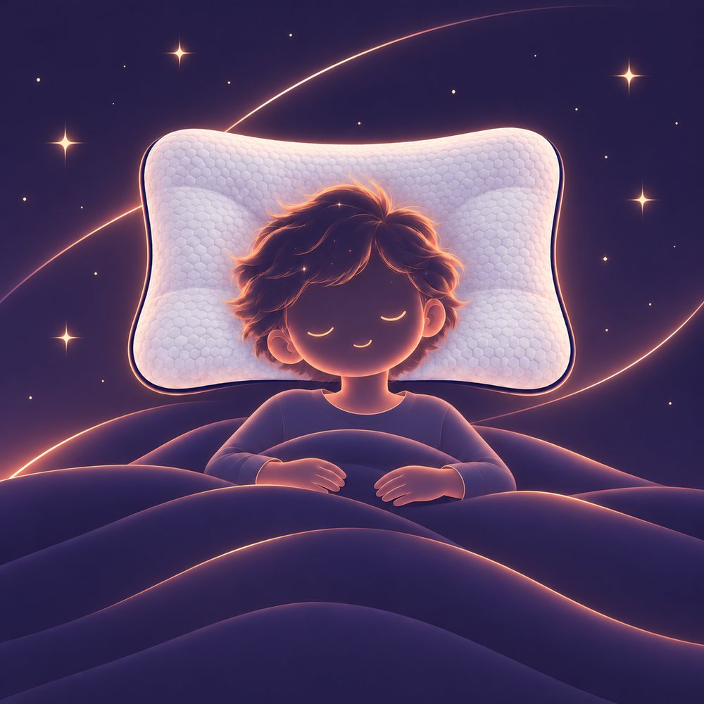 Illustration : un enfant dort sur le dos, la tête au centre de l’oreiller, sous un ciel étoilé.