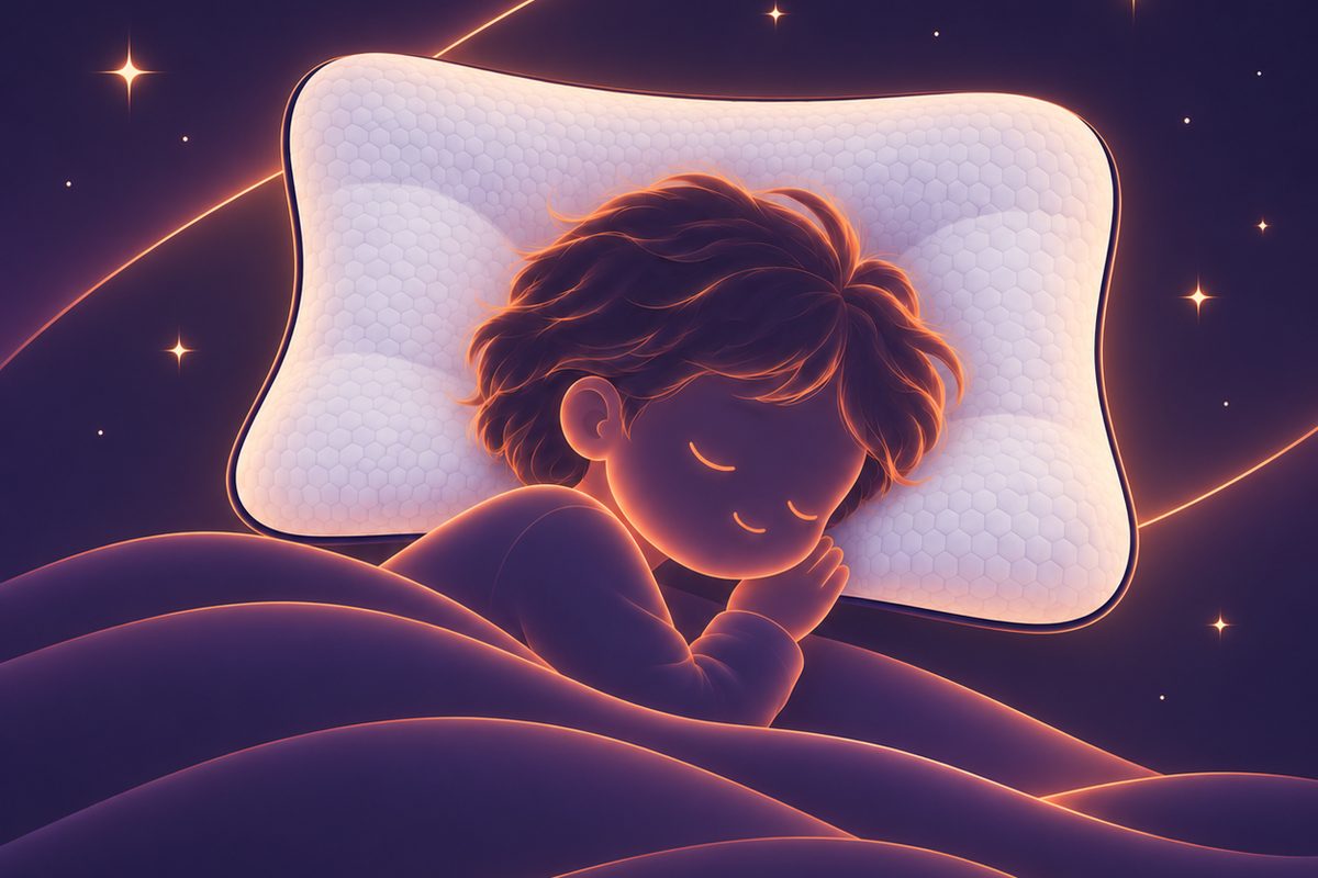 Illustration : un enfant dort sur le côté, la main sous la joue, la tête sur l’oreiller Alula.