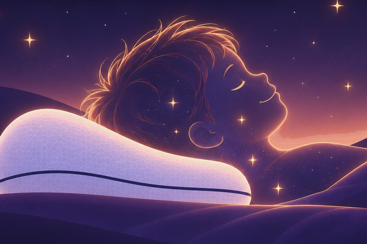 Illustration : un enfant dort de profil sur l’oreiller Alula, la tête dans le prolongement du dos.