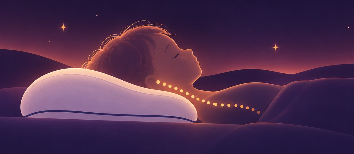 Illustration : le même enfant sur l’oreiller Alula, plus bas ; la ligne de points dorés suit la nuque et le dos sans se casser.
