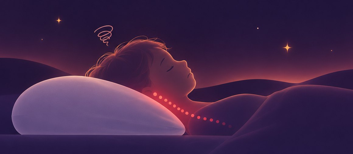 Illustration : un enfant dort sur le dos sur un gros oreiller d’adulte ; sa tête est relevée et la ligne de points rouges de la nuque se casse.