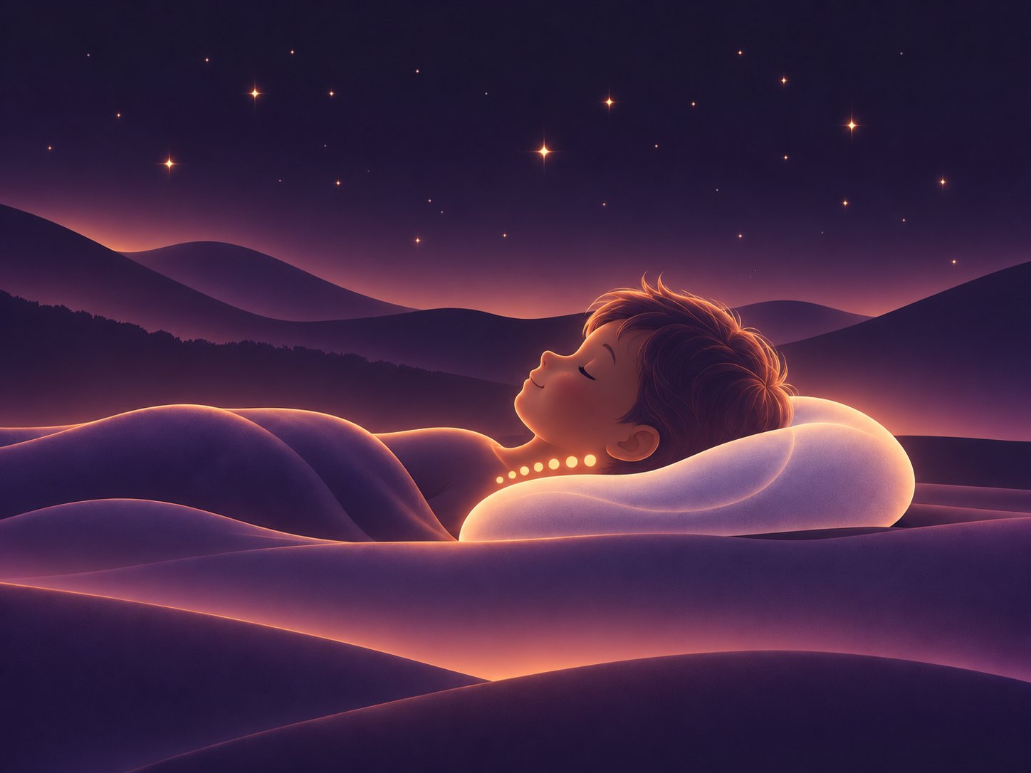 Illustration : un enfant dort paisiblement sur le dos sous un ciel étoilé, la tête sur l’oreiller. Une ligne de points lumineux suit sa nuque.